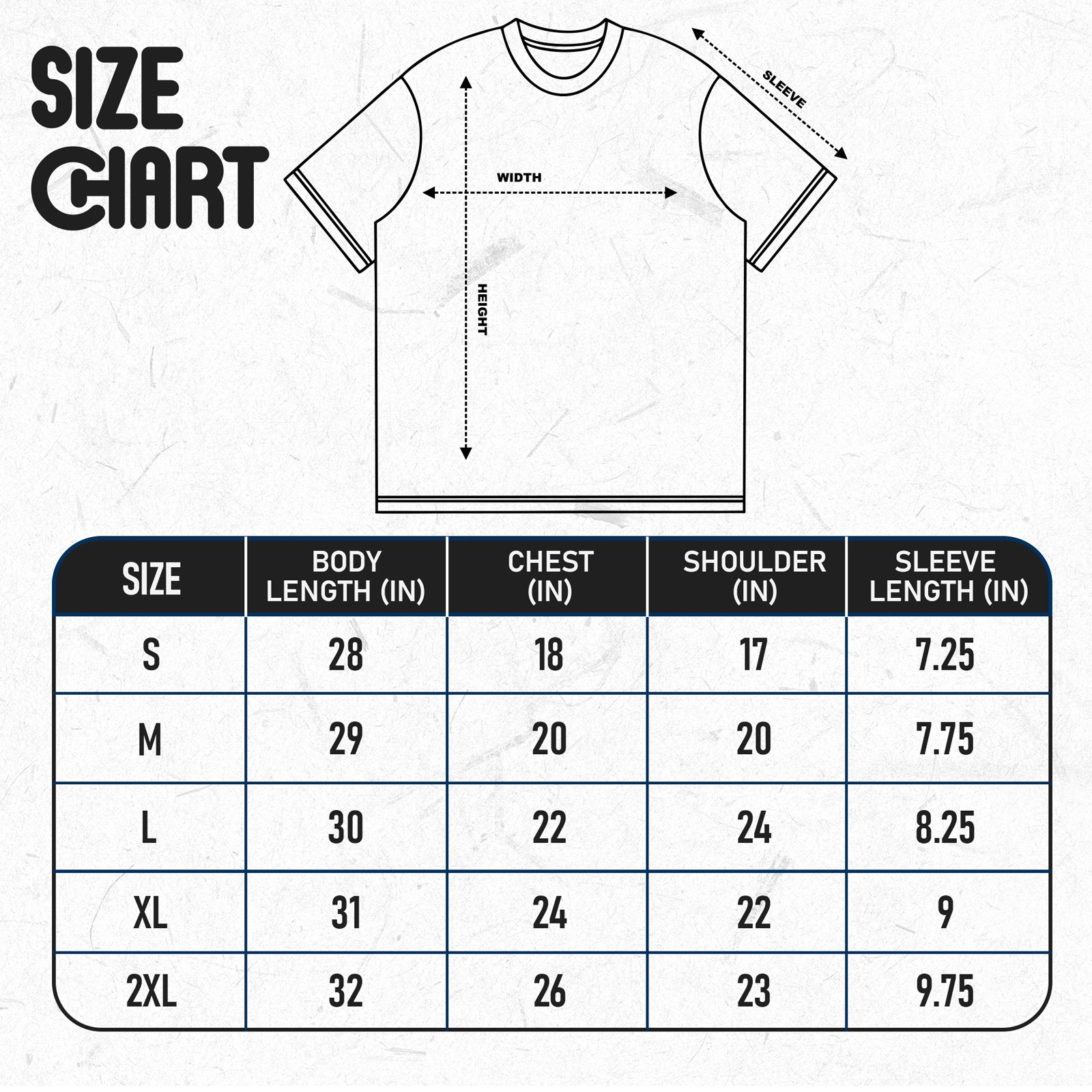 Adult T-shirt size chart for BCAOC12